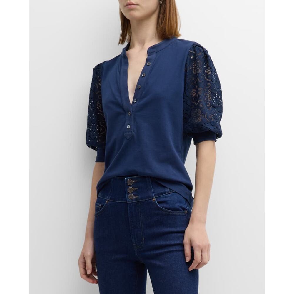 Veronica Beard Coralee Knit Puff Sleeve Eyelet Button Front Top Navy Size Small